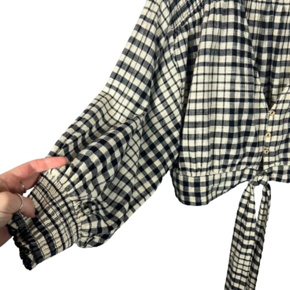 Zara Womens Check Plaid Crop Top Size L Academia Preppy‎ Gauzy Balloon Sleeves - Picture 3 of 11